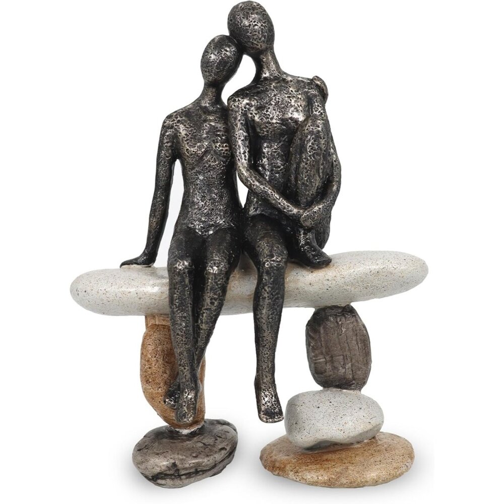 Abstract Couple Sculpture on Stone Bench Modern Home Décor Statue Unique